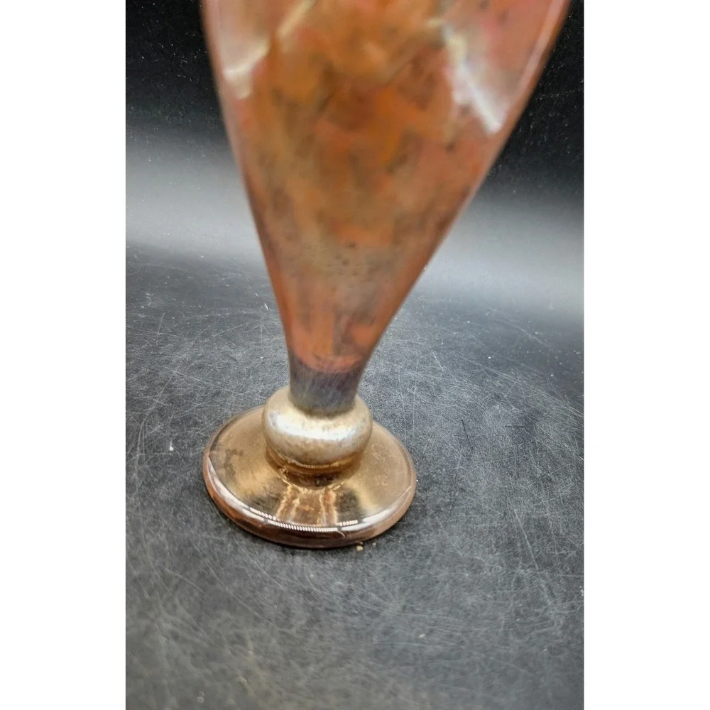 Artisan Hand Blown Amber Orange Swirl Art Glass Trumpet Vase Iridescent Signed